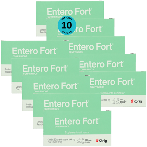 Entero Fort 2000mg Com 60 Comprimidos Para Cães e Gatos Kit Com 10